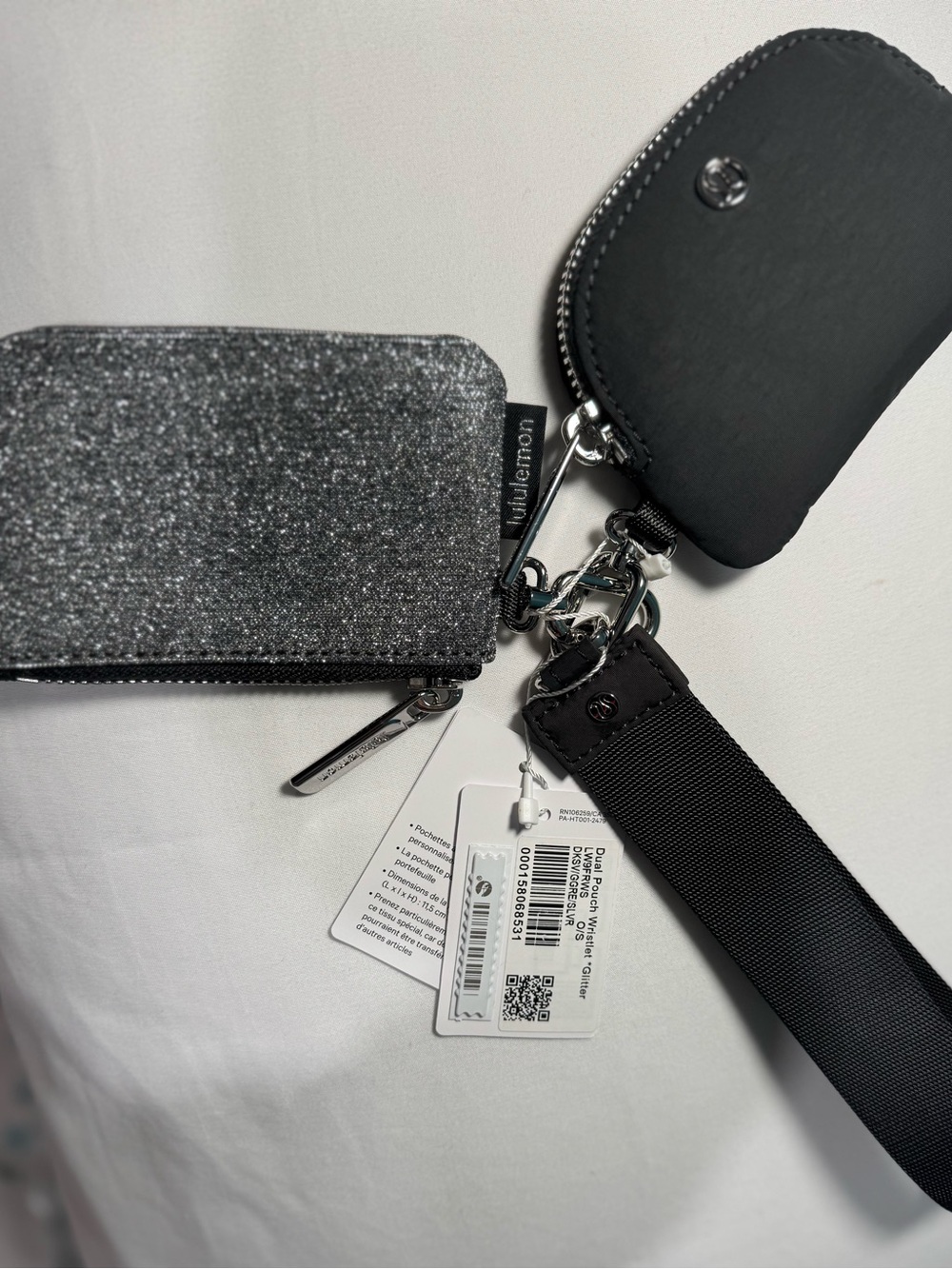 lululemon athletica Silver Glitter Zip Card Case with Black Strap